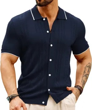 GRACE KARIN Men's Knit Polo Shirt Breathable Hollow Out Casual Button Down Shirts