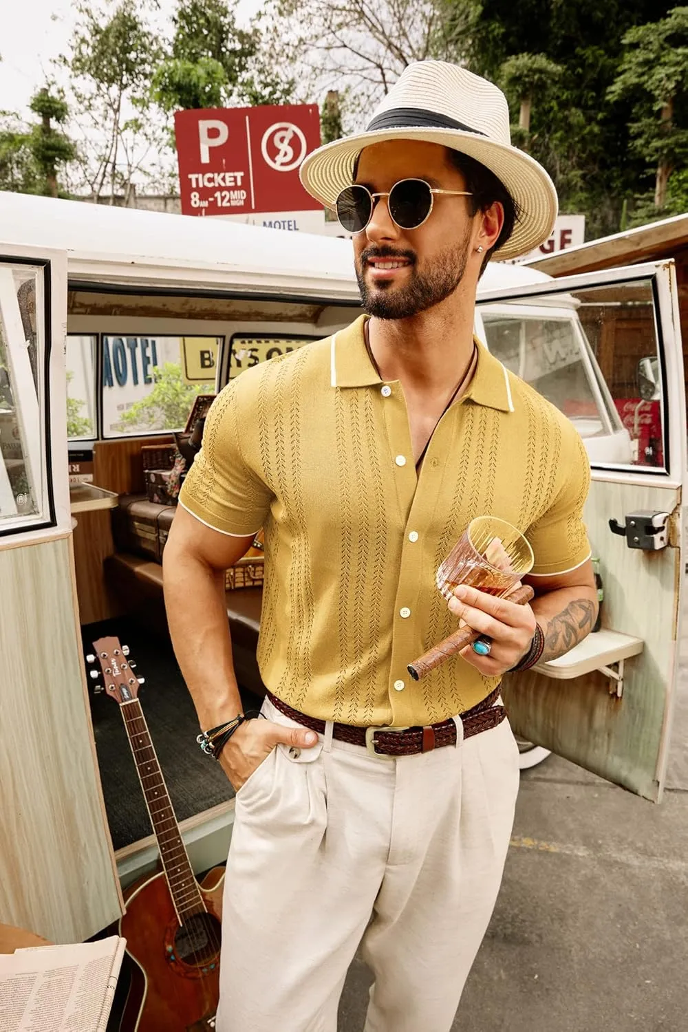 GRACE KARIN Men's Knit Polo Shirt Breathable Hollow Out Casual Button Down Shirts