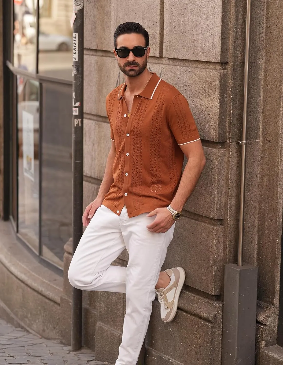 GRACE KARIN Men's Knit Polo Shirt Breathable Hollow Out Casual Button Down Shirts