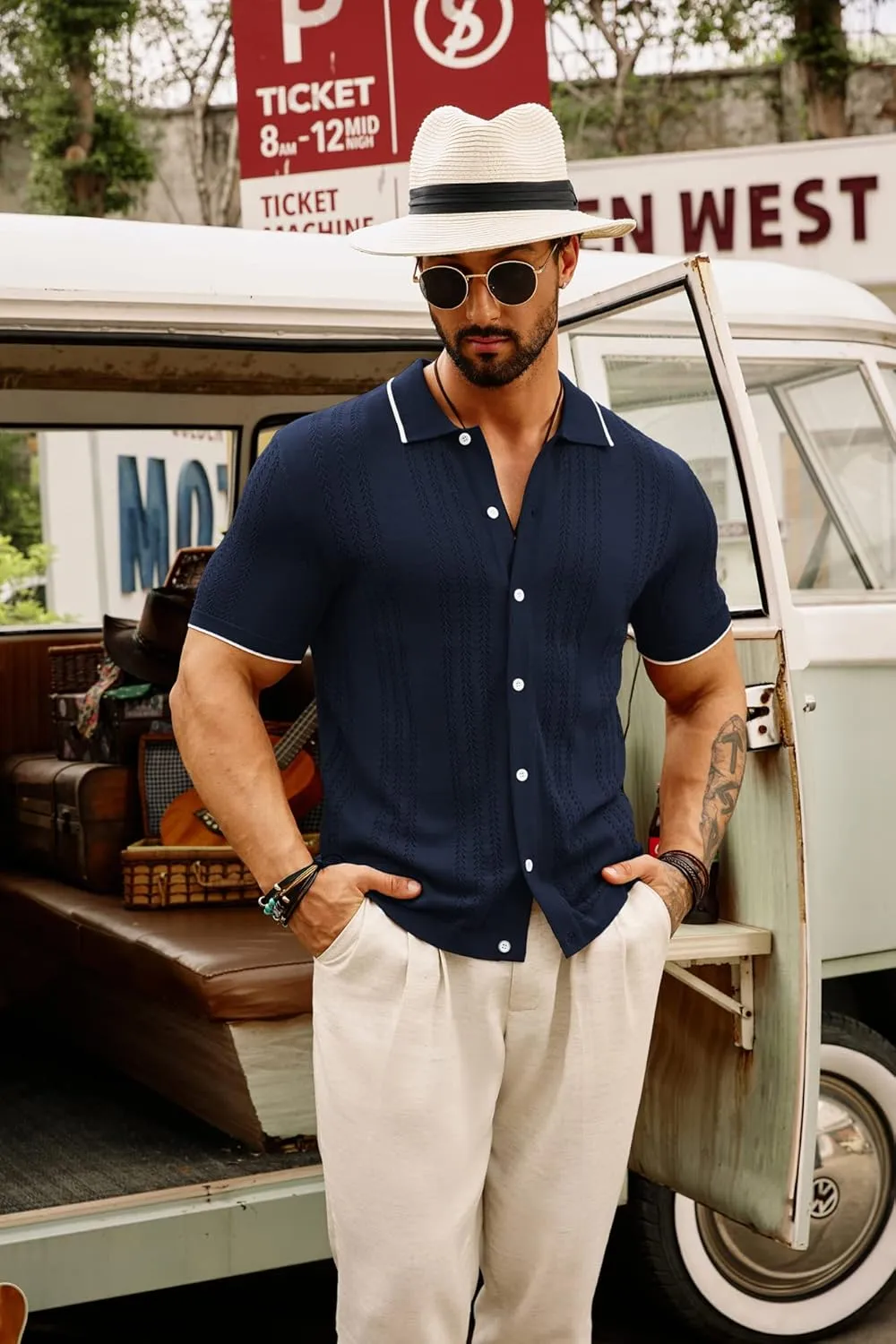 GRACE KARIN Men's Knit Polo Shirt Breathable Hollow Out Casual Button Down Shirts