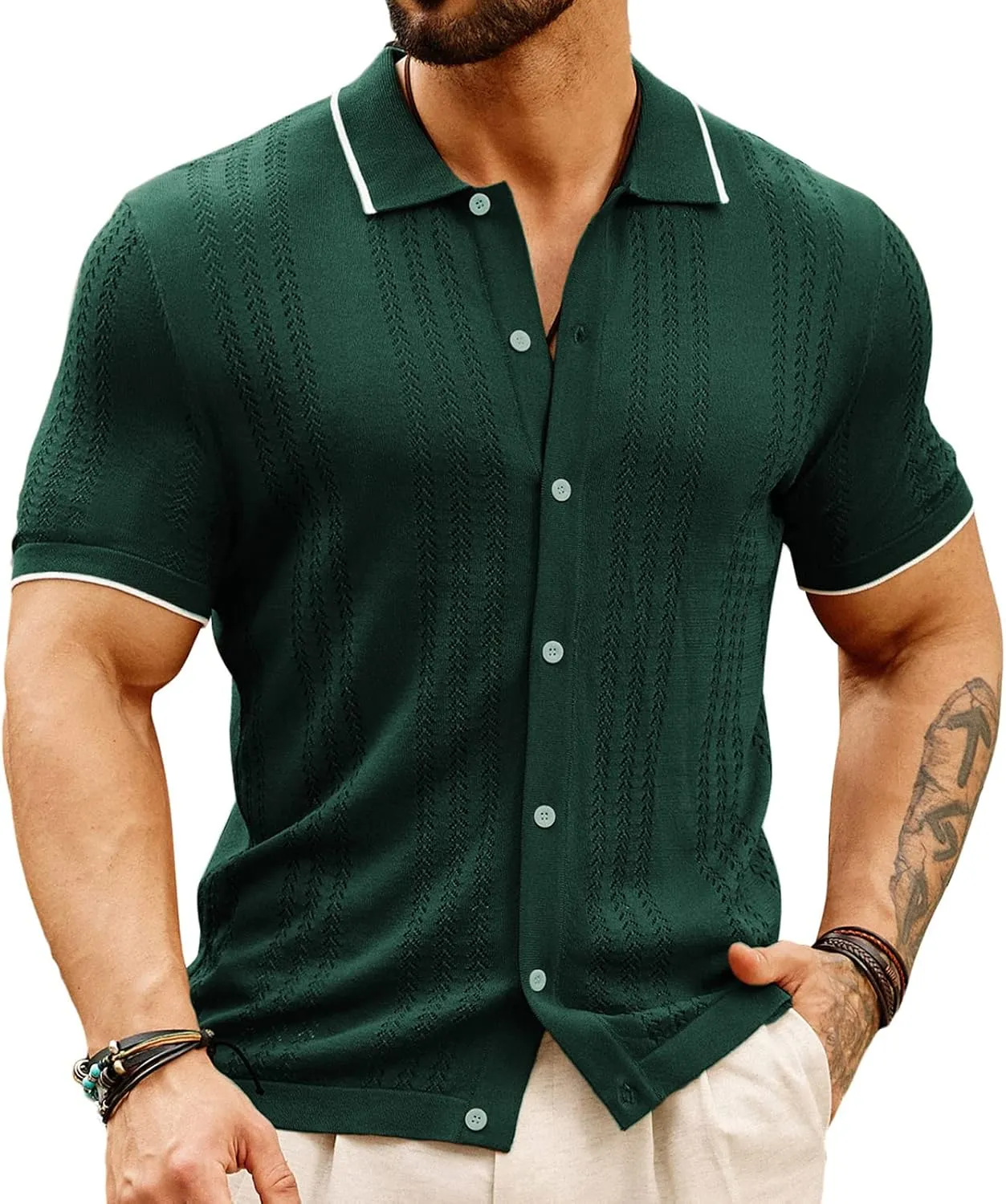 GRACE KARIN Men's Knit Polo Shirt Breathable Hollow Out Casual Button Down Shirts