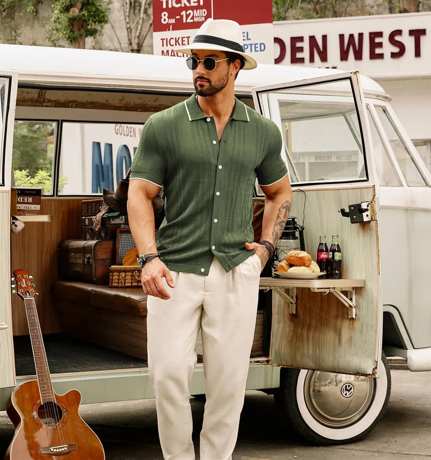 GRACE KARIN Men's Knit Polo Shirt Breathable Hollow Out Casual Button Down Shirts