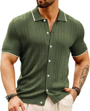 GRACE KARIN Men's Knit Polo Shirt Breathable Hollow Out Casual Button Down Shirts