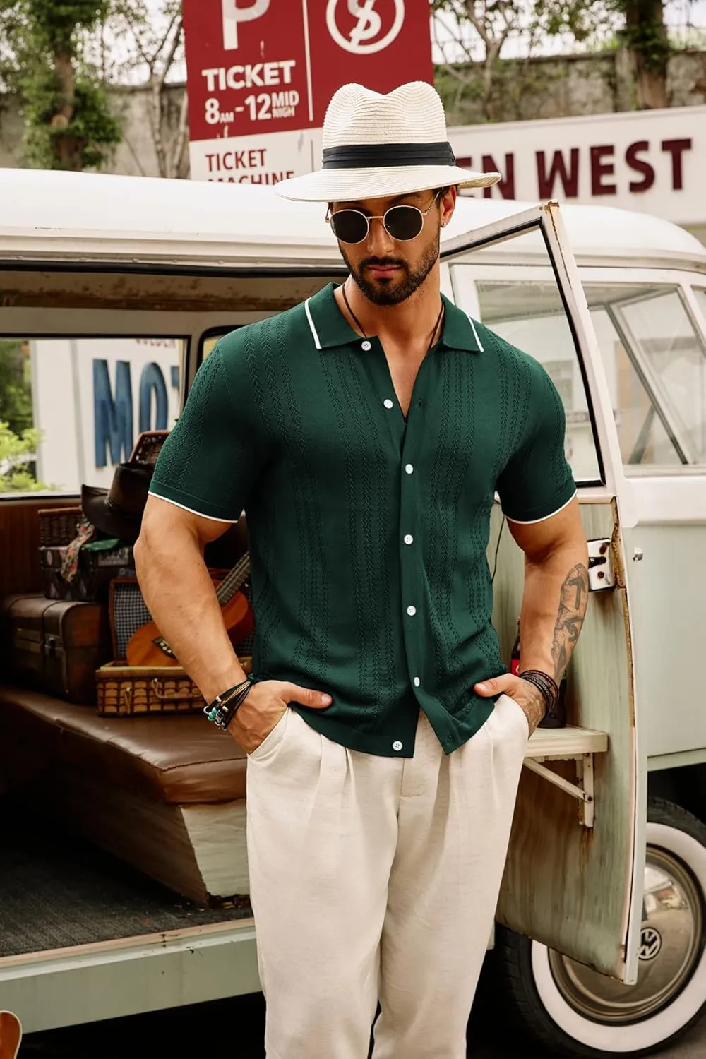 GRACE KARIN Men's Knit Polo Shirt Breathable Hollow Out Casual Button Down Shirts