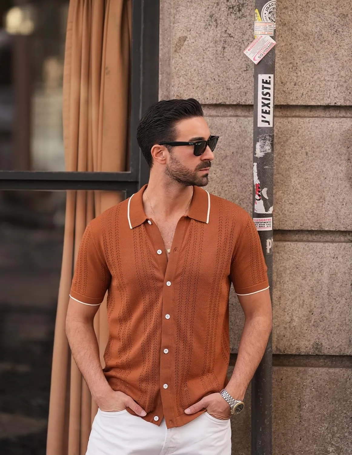 GRACE KARIN Men's Knit Polo Shirt Breathable Hollow Out Casual Button Down Shirts