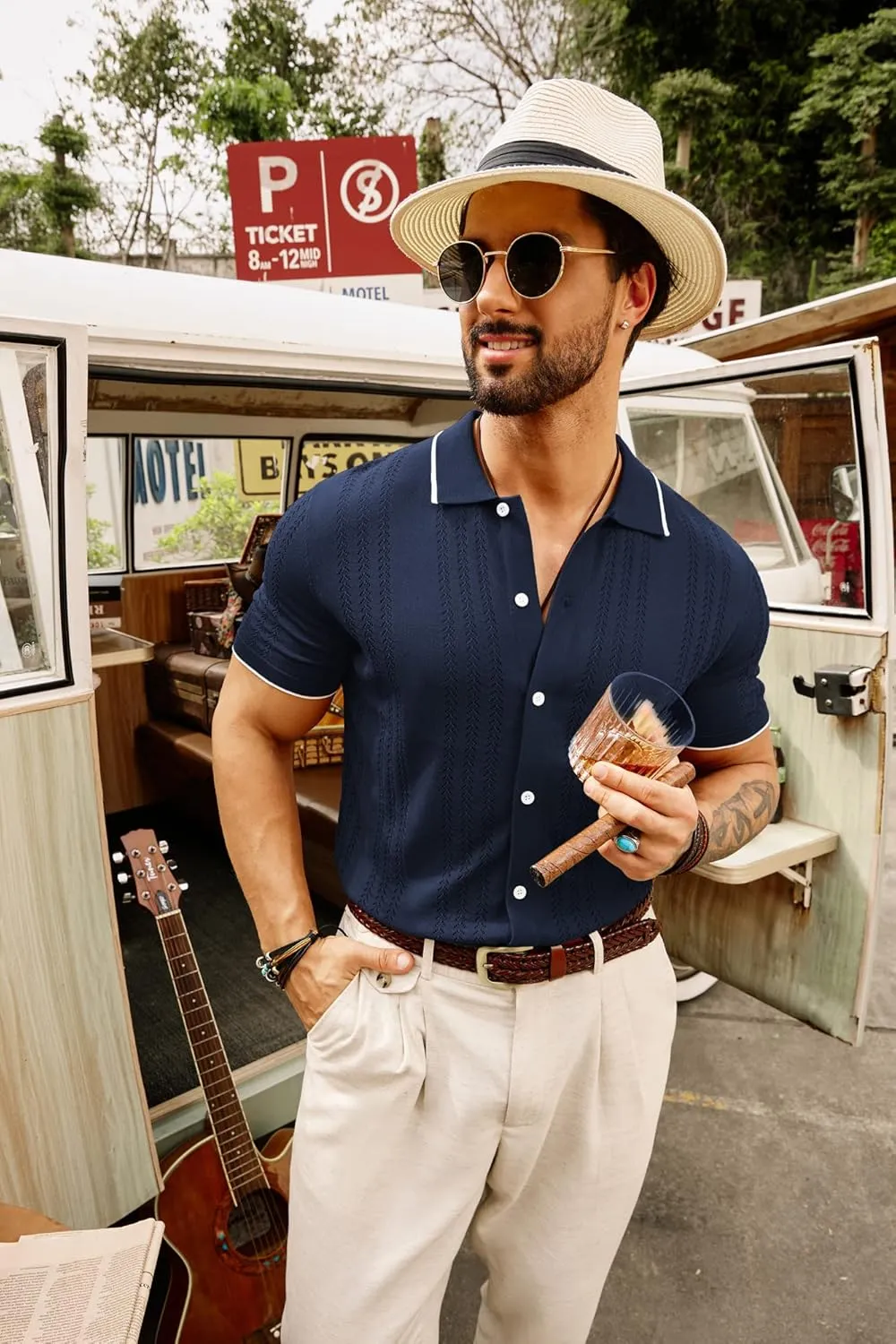 GRACE KARIN Men's Knit Polo Shirt Breathable Hollow Out Casual Button Down Shirts
