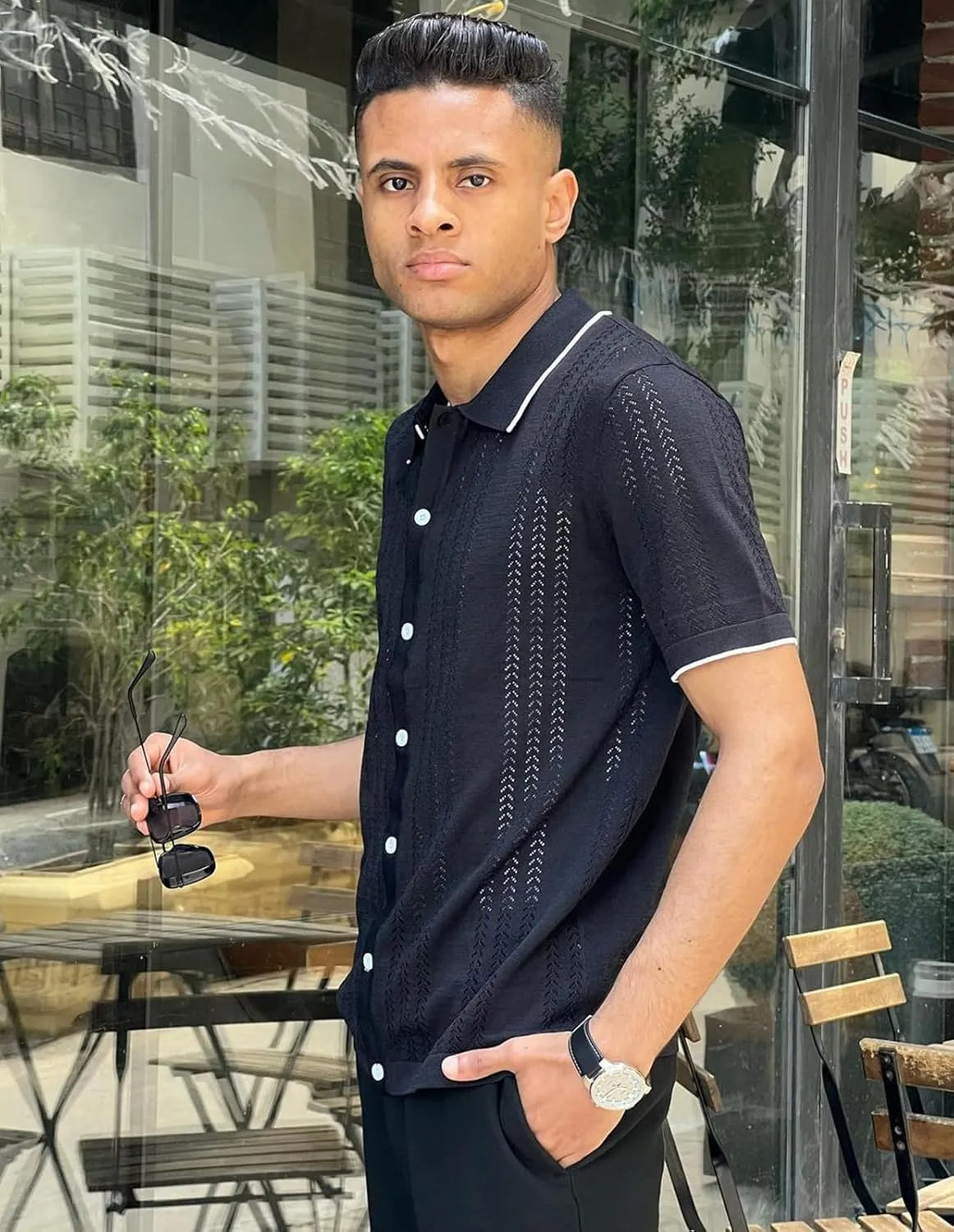 GRACE KARIN Men's Knit Polo Shirt Breathable Hollow Out Casual Button Down Shirts