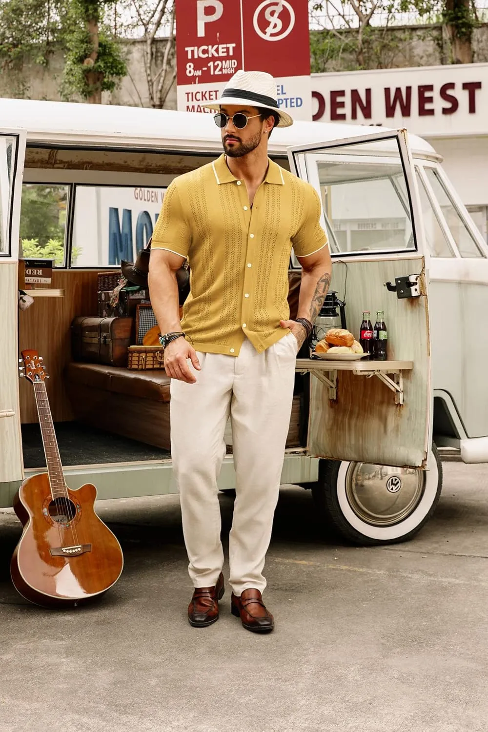 GRACE KARIN Men's Knit Polo Shirt Breathable Hollow Out Casual Button Down Shirts