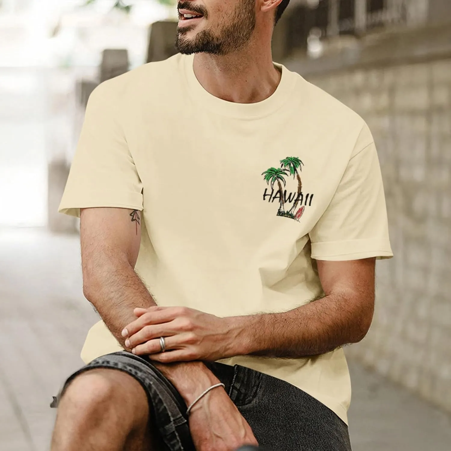 Graphic Tees for Men Hawaiian Beach Oversized Cotton T Shirts Hawaii Palm Tree Vacation Baggy Trendy Loose Fit Tops