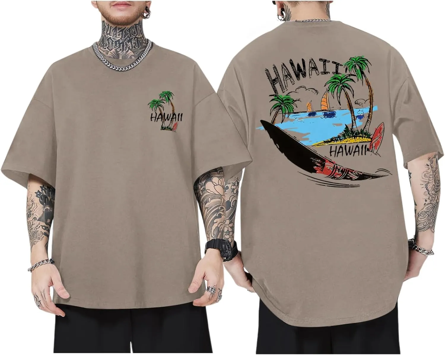 Graphic Tees for Men Hawaiian Beach Oversized Cotton T Shirts Hawaii Palm Tree Vacation Baggy Trendy Loose Fit Tops