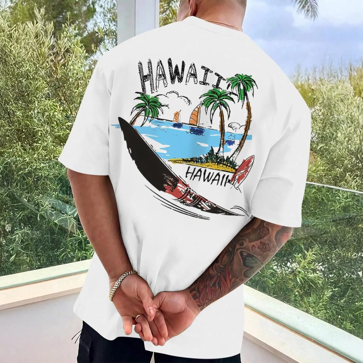 Graphic Tees for Men Hawaiian Beach Oversized Cotton T Shirts Hawaii Palm Tree Vacation Baggy Trendy Loose Fit Tops