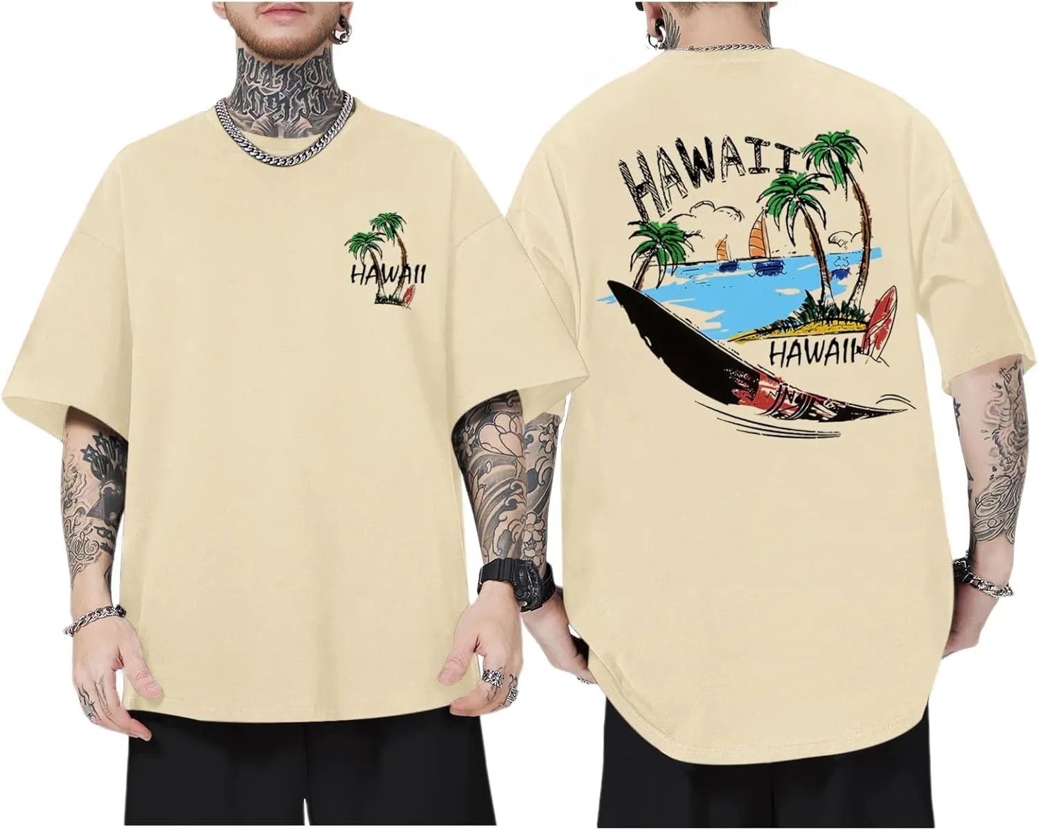 Graphic Tees for Men Hawaiian Beach Oversized Cotton T Shirts Hawaii Palm Tree Vacation Baggy Trendy Loose Fit Tops