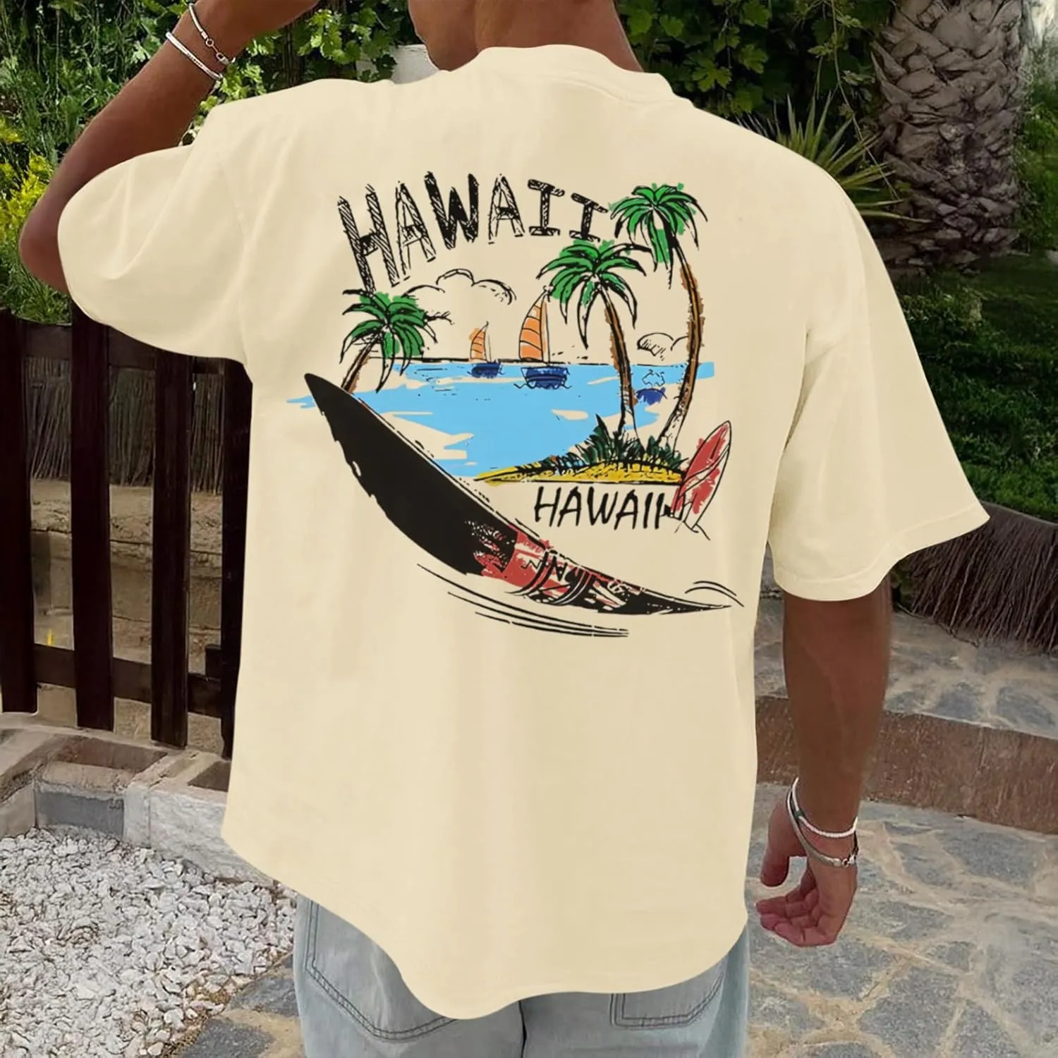 Graphic Tees for Men Hawaiian Beach Oversized Cotton T Shirts Hawaii Palm Tree Vacation Baggy Trendy Loose Fit Tops