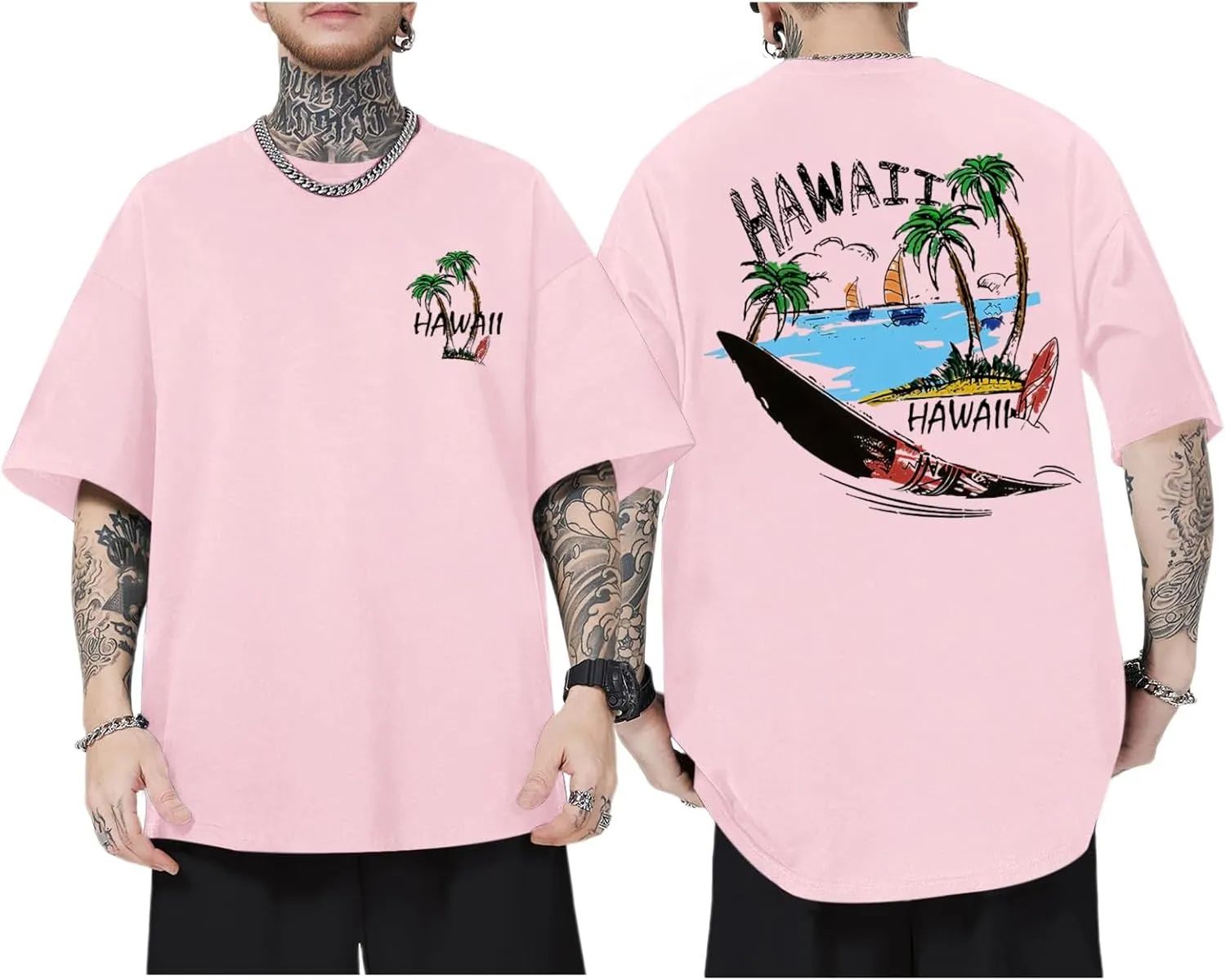 Graphic Tees for Men Hawaiian Beach Oversized Cotton T Shirts Hawaii Palm Tree Vacation Baggy Trendy Loose Fit Tops