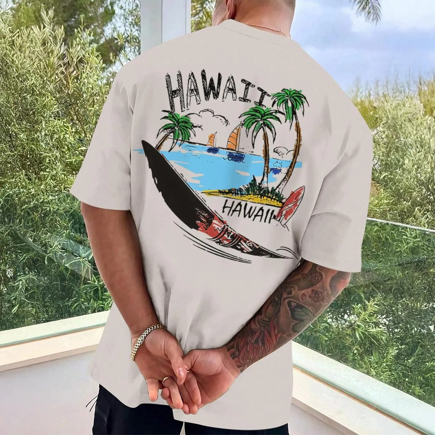 Graphic Tees for Men Hawaiian Beach Oversized Cotton T Shirts Hawaii Palm Tree Vacation Baggy Trendy Loose Fit Tops