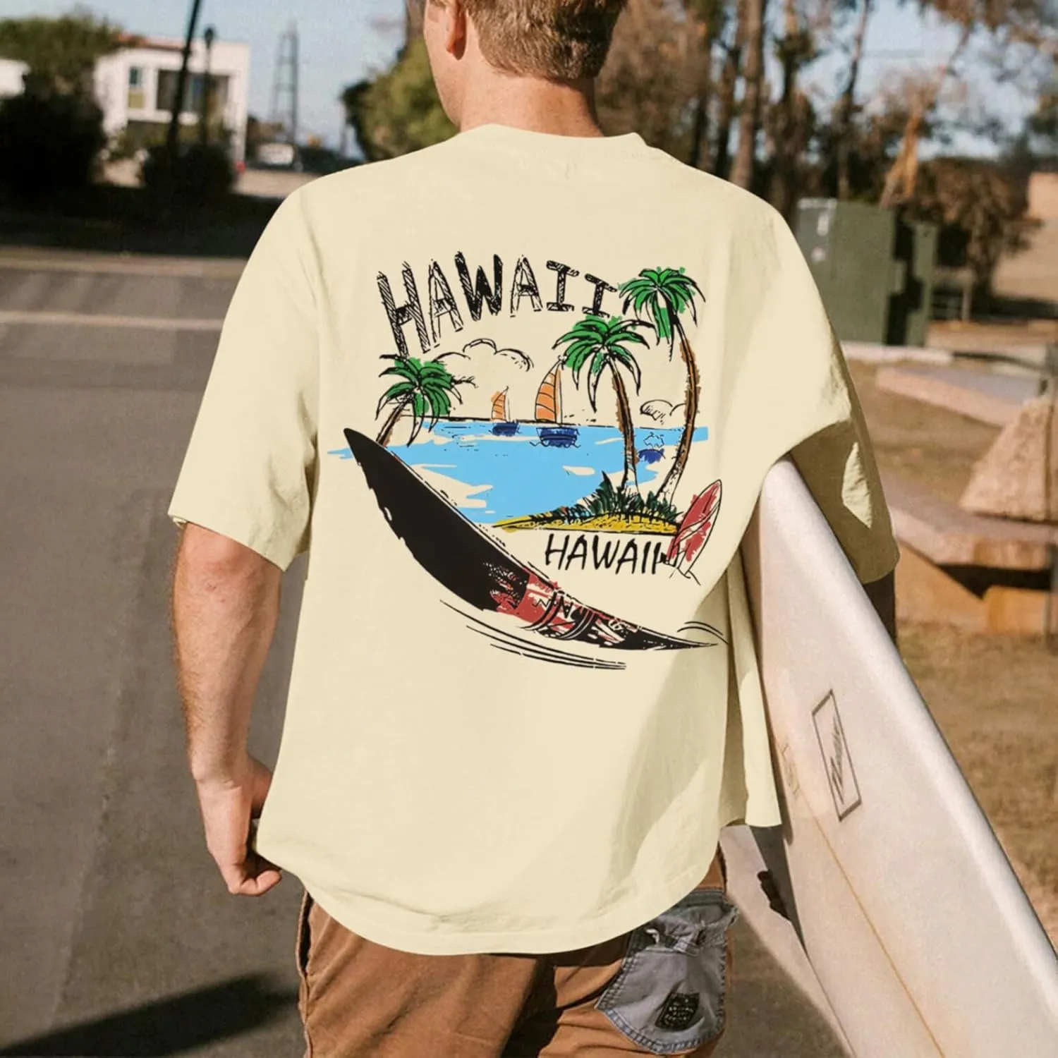 Graphic Tees for Men Hawaiian Beach Oversized Cotton T Shirts Hawaii Palm Tree Vacation Baggy Trendy Loose Fit Tops