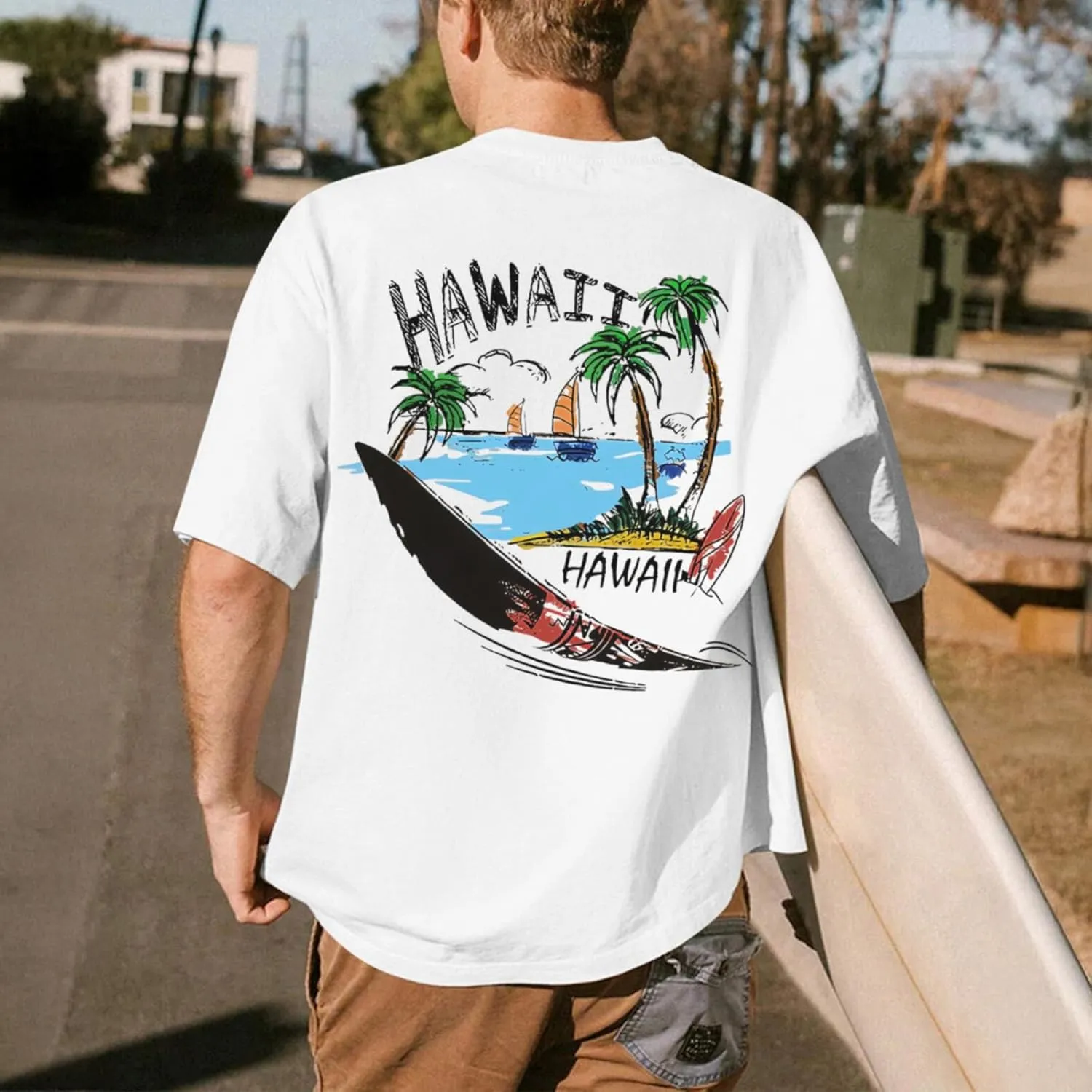Graphic Tees for Men Hawaiian Beach Oversized Cotton T Shirts Hawaii Palm Tree Vacation Baggy Trendy Loose Fit Tops