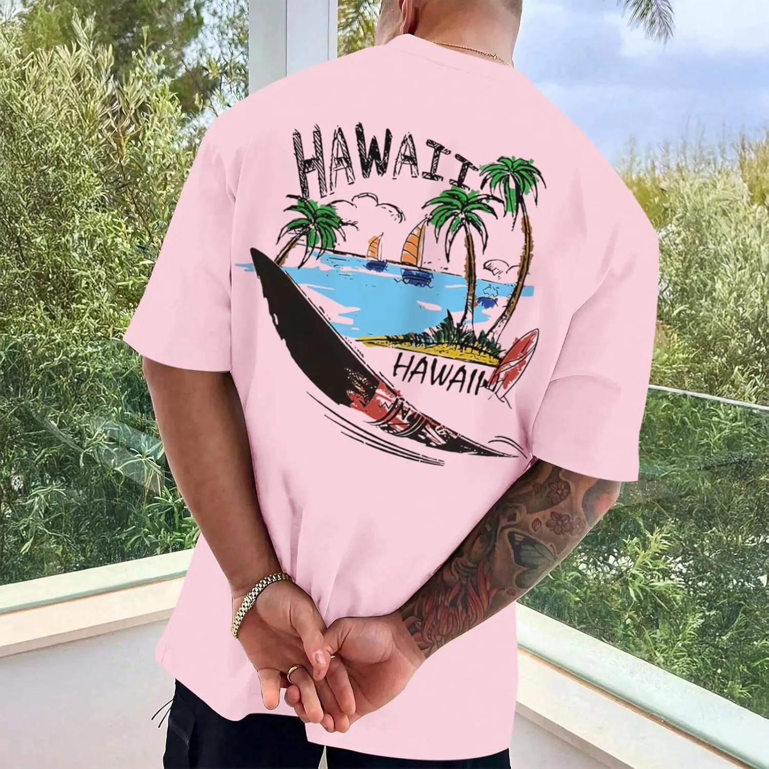 Graphic Tees for Men Hawaiian Beach Oversized Cotton T Shirts Hawaii Palm Tree Vacation Baggy Trendy Loose Fit Tops