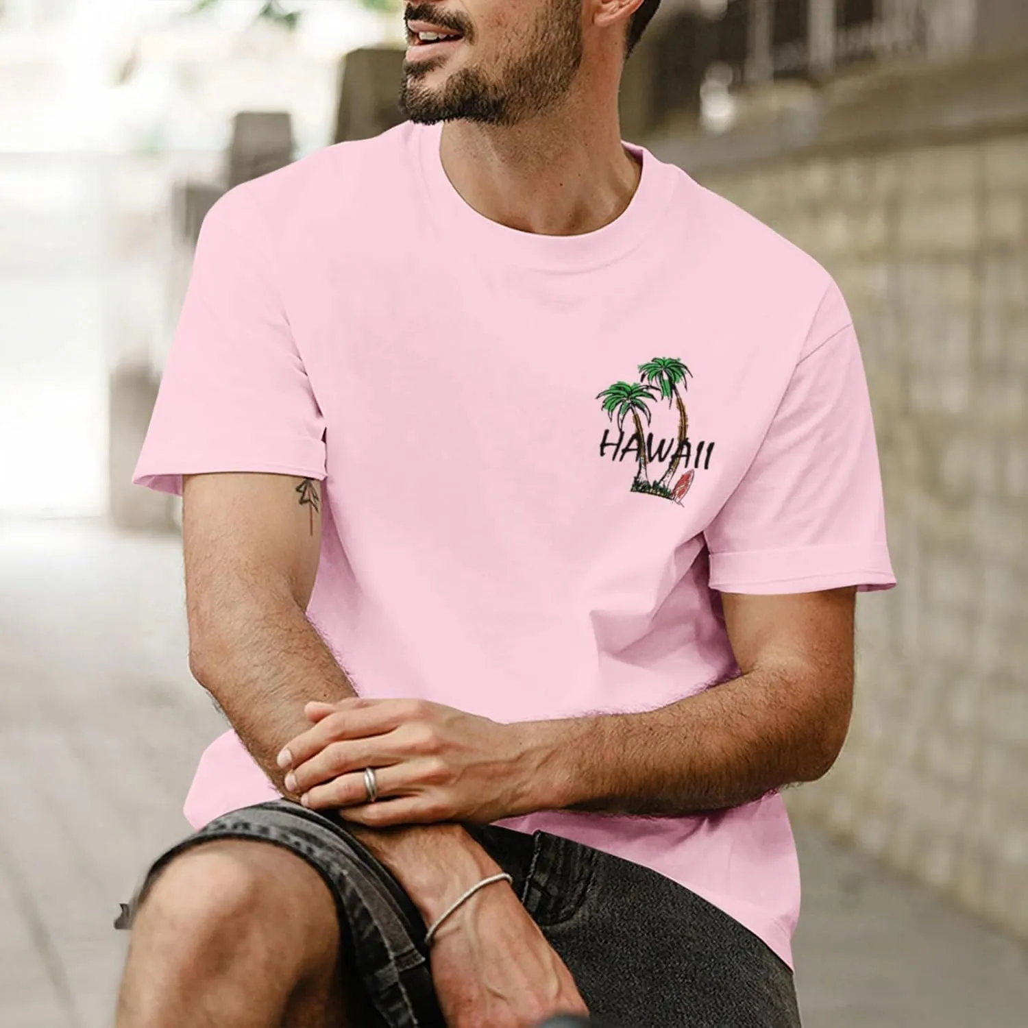 Graphic Tees for Men Hawaiian Beach Oversized Cotton T Shirts Hawaii Palm Tree Vacation Baggy Trendy Loose Fit Tops