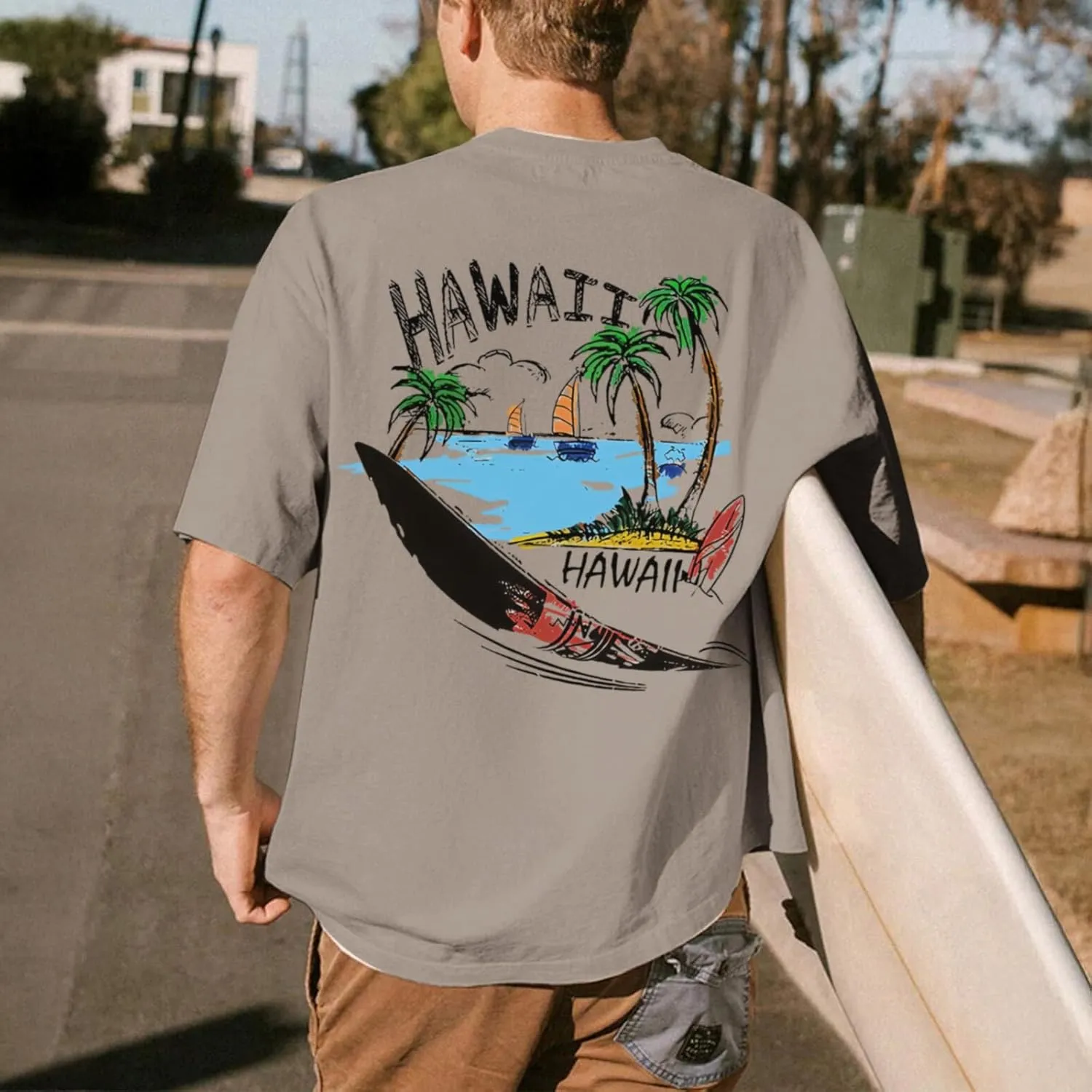 Graphic Tees for Men Hawaiian Beach Oversized Cotton T Shirts Hawaii Palm Tree Vacation Baggy Trendy Loose Fit Tops