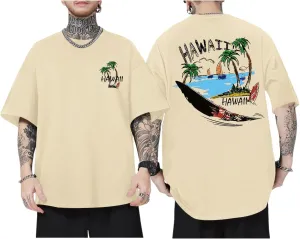 Graphic Tees for Men Hawaiian Beach Oversized Cotton T Shirts Hawaii Palm Tree Vacation Baggy Trendy Loose Fit Tops