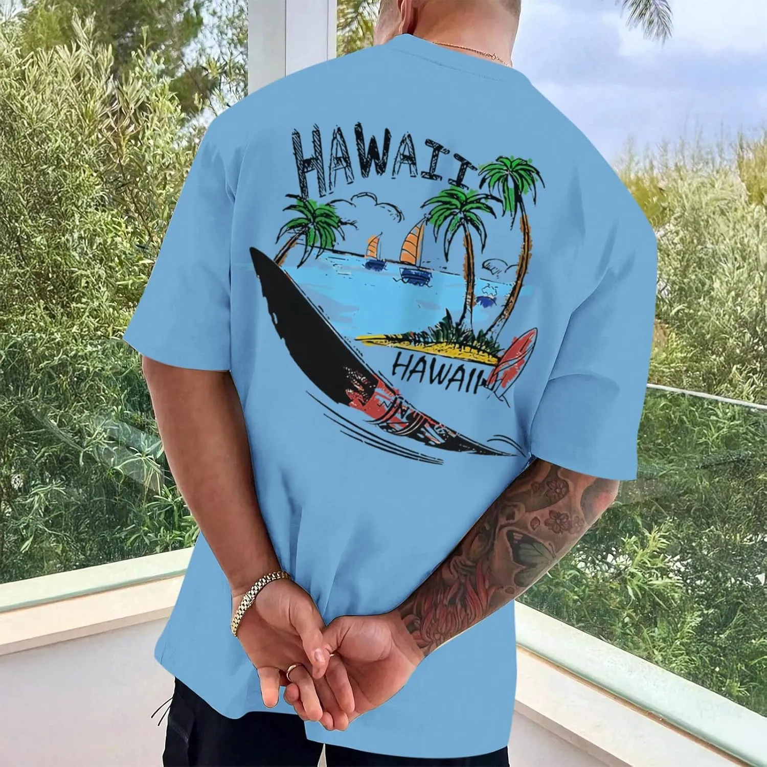 Graphic Tees for Men Hawaiian Beach Oversized Cotton T Shirts Hawaii Palm Tree Vacation Baggy Trendy Loose Fit Tops