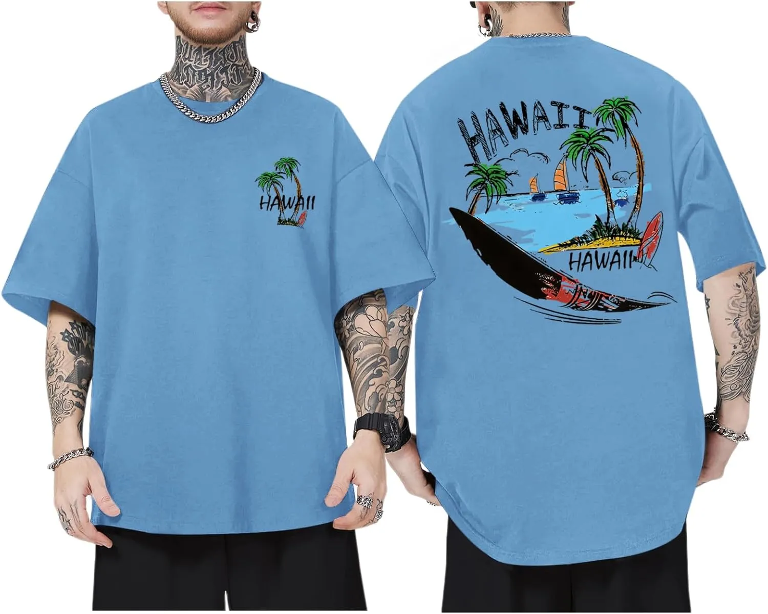 Graphic Tees for Men Hawaiian Beach Oversized Cotton T Shirts Hawaii Palm Tree Vacation Baggy Trendy Loose Fit Tops