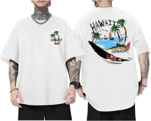 Graphic Tees for Men Hawaiian Beach Oversized Cotton T Shirts Hawaii Palm Tree Vacation Baggy Trendy Loose Fit Tops
