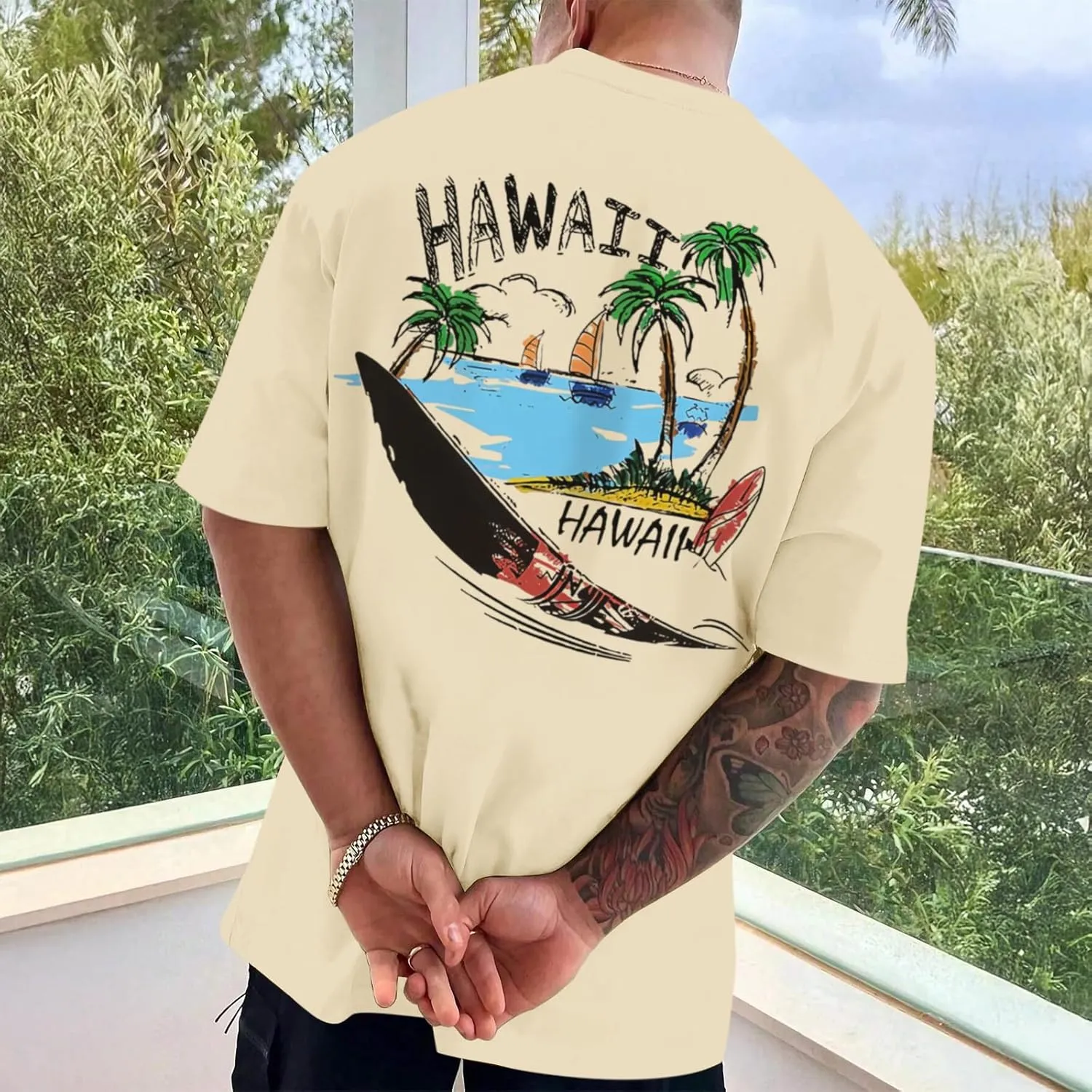 Graphic Tees for Men Hawaiian Beach Oversized Cotton T Shirts Hawaii Palm Tree Vacation Baggy Trendy Loose Fit Tops