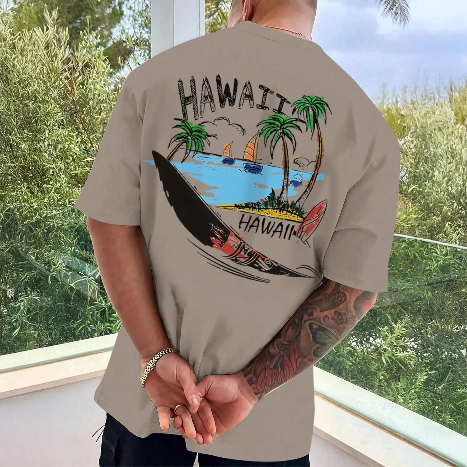 Graphic Tees for Men Hawaiian Beach Oversized Cotton T Shirts Hawaii Palm Tree Vacation Baggy Trendy Loose Fit Tops