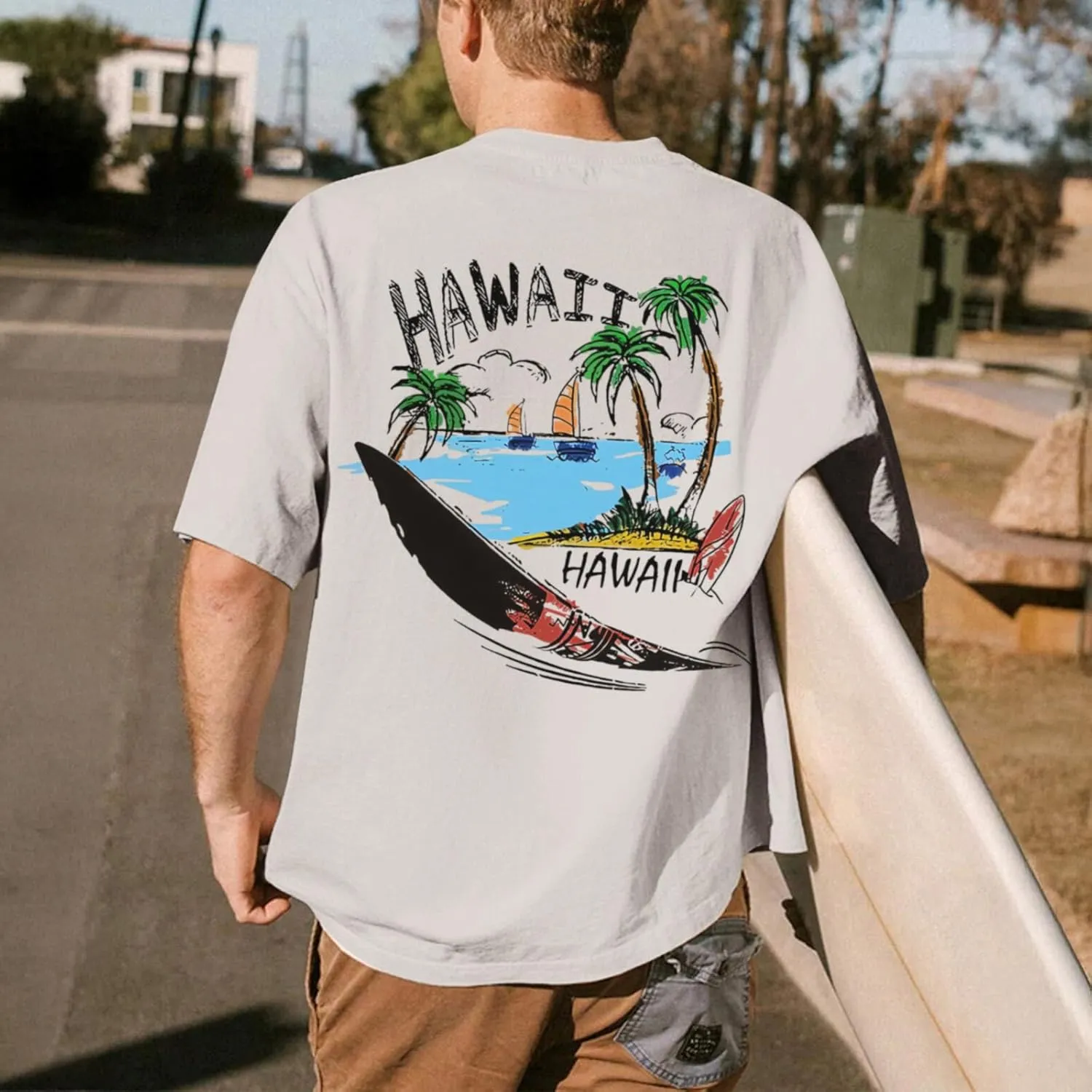 Graphic Tees for Men Hawaiian Beach Oversized Cotton T Shirts Hawaii Palm Tree Vacation Baggy Trendy Loose Fit Tops