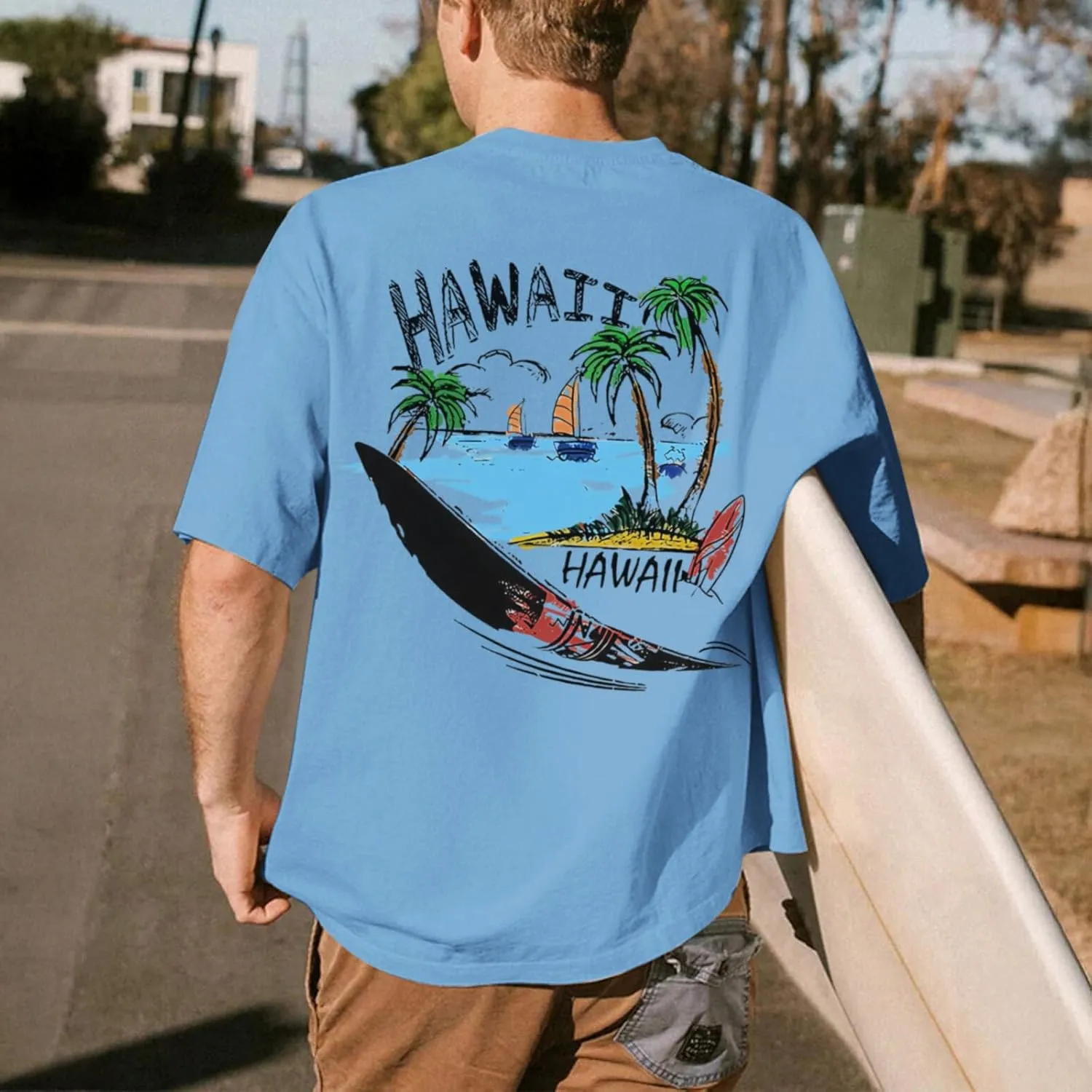 Graphic Tees for Men Hawaiian Beach Oversized Cotton T Shirts Hawaii Palm Tree Vacation Baggy Trendy Loose Fit Tops