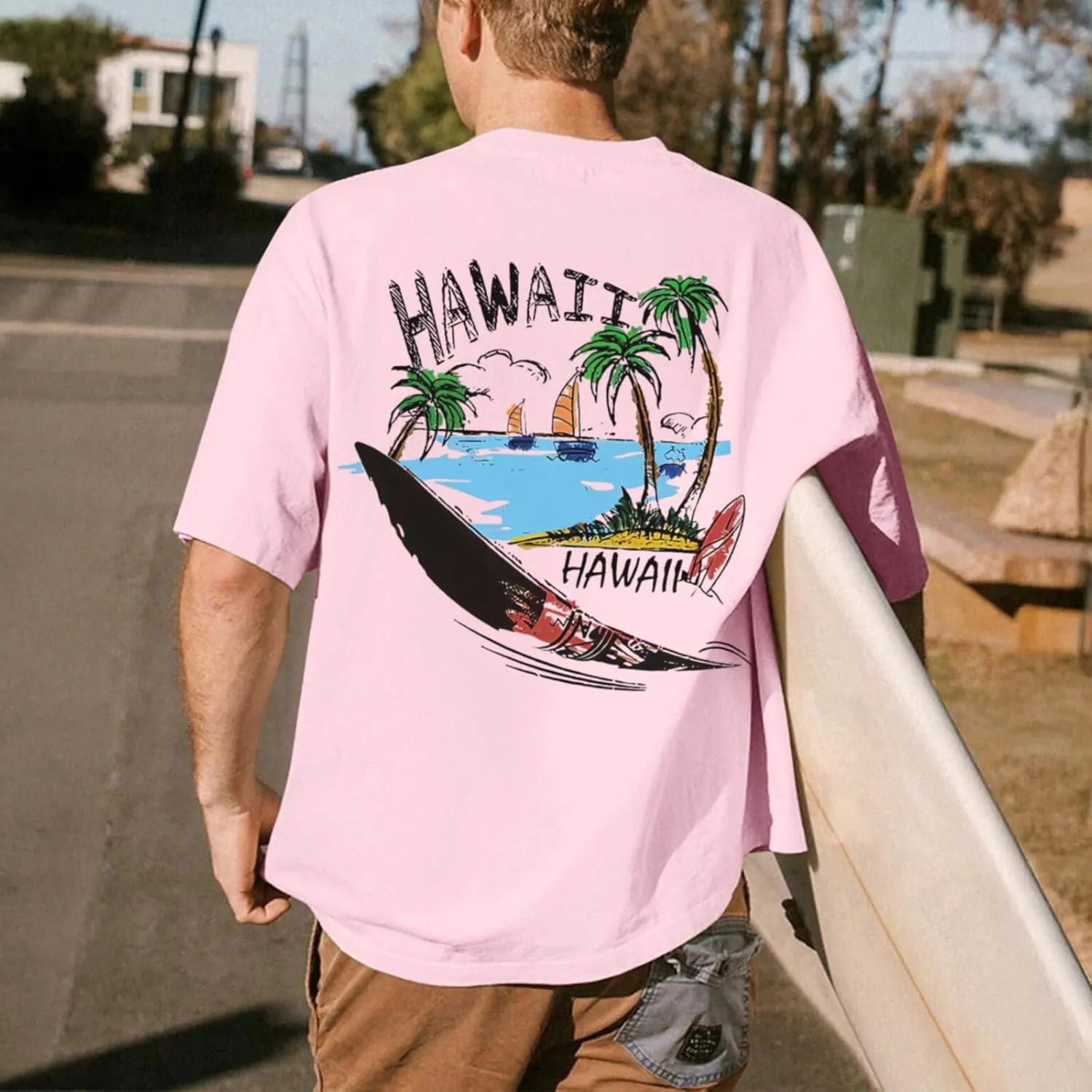 Graphic Tees for Men Hawaiian Beach Oversized Cotton T Shirts Hawaii Palm Tree Vacation Baggy Trendy Loose Fit Tops