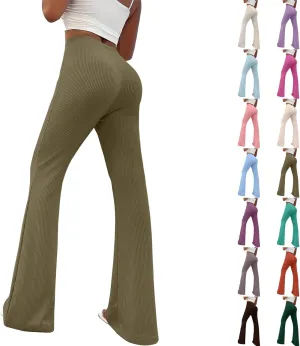 Gumipy Flare Yoga Pants for Women Ribbed High Waisted Tummy Control Leggings Trendy Slim Fit Bell Bottoms Workout Pants