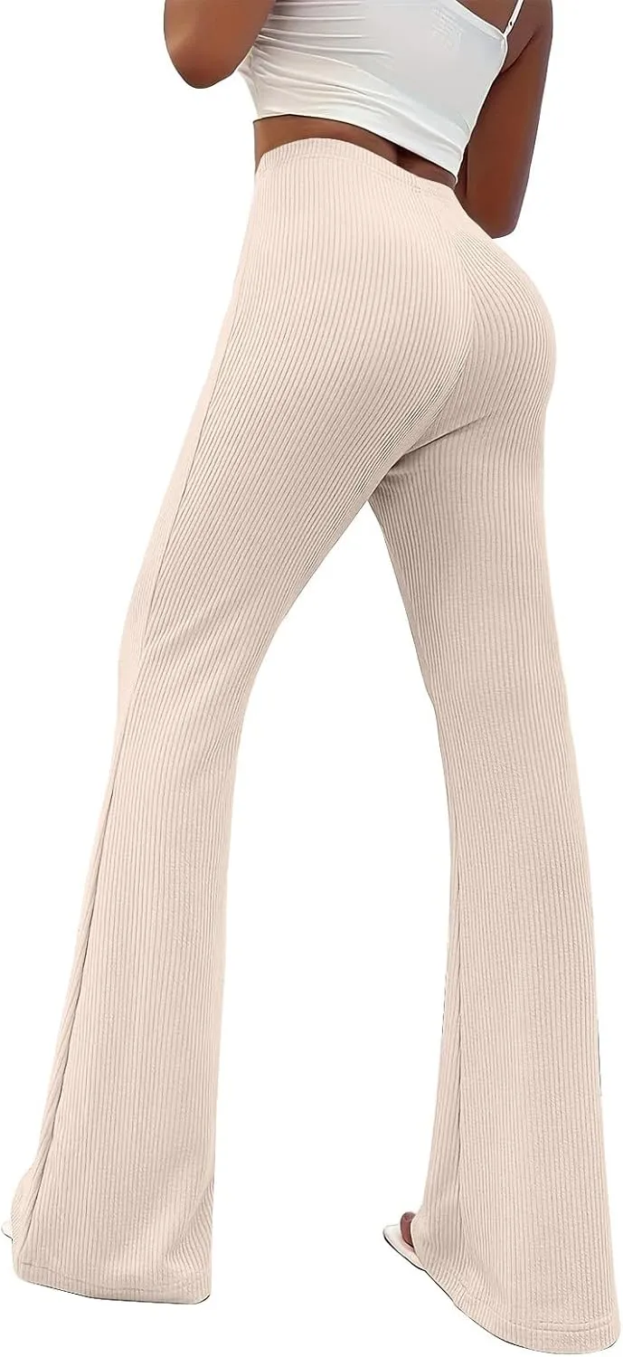 Gumipy Flare Yoga Pants for Women Ribbed High Waisted Tummy Control Leggings Trendy Slim Fit Bell Bottoms Workout Pants