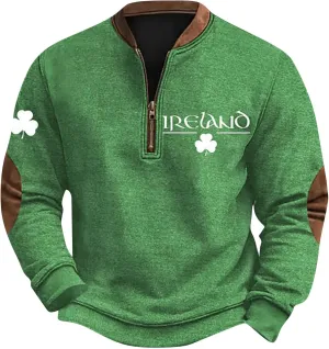 Half Zip St Patricks Day Sweatshirts For Mens Vintage Print Long Sleeve Causal V-Neck Pullover Fashion Irish Shirts