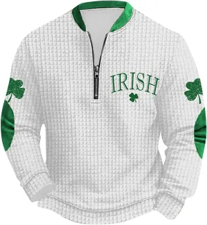Half Zip St Patricks Day Sweatshirts For Mens Vintage Print Long Sleeve Causal V-Neck Pullover Fashion Irish Shirts