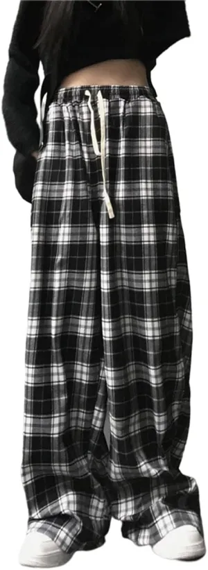 Harajuku Black and White Plaid Trousers Women's Casual Wide Leg Trousers Unisex Hip-hop Loose Straight Trousers