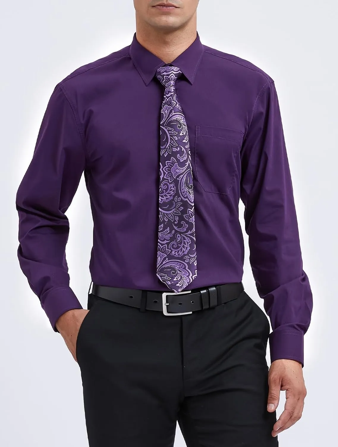 HISDERN Mens Dress Shirt with Tie Pocket Square Set Classic Button Down Shirt Matching Tie Long Sleeve Shirts
