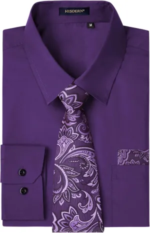 HISDERN Mens Dress Shirt with Tie Pocket Square Set Classic Button Down Shirt Matching Tie Long Sleeve Shirts