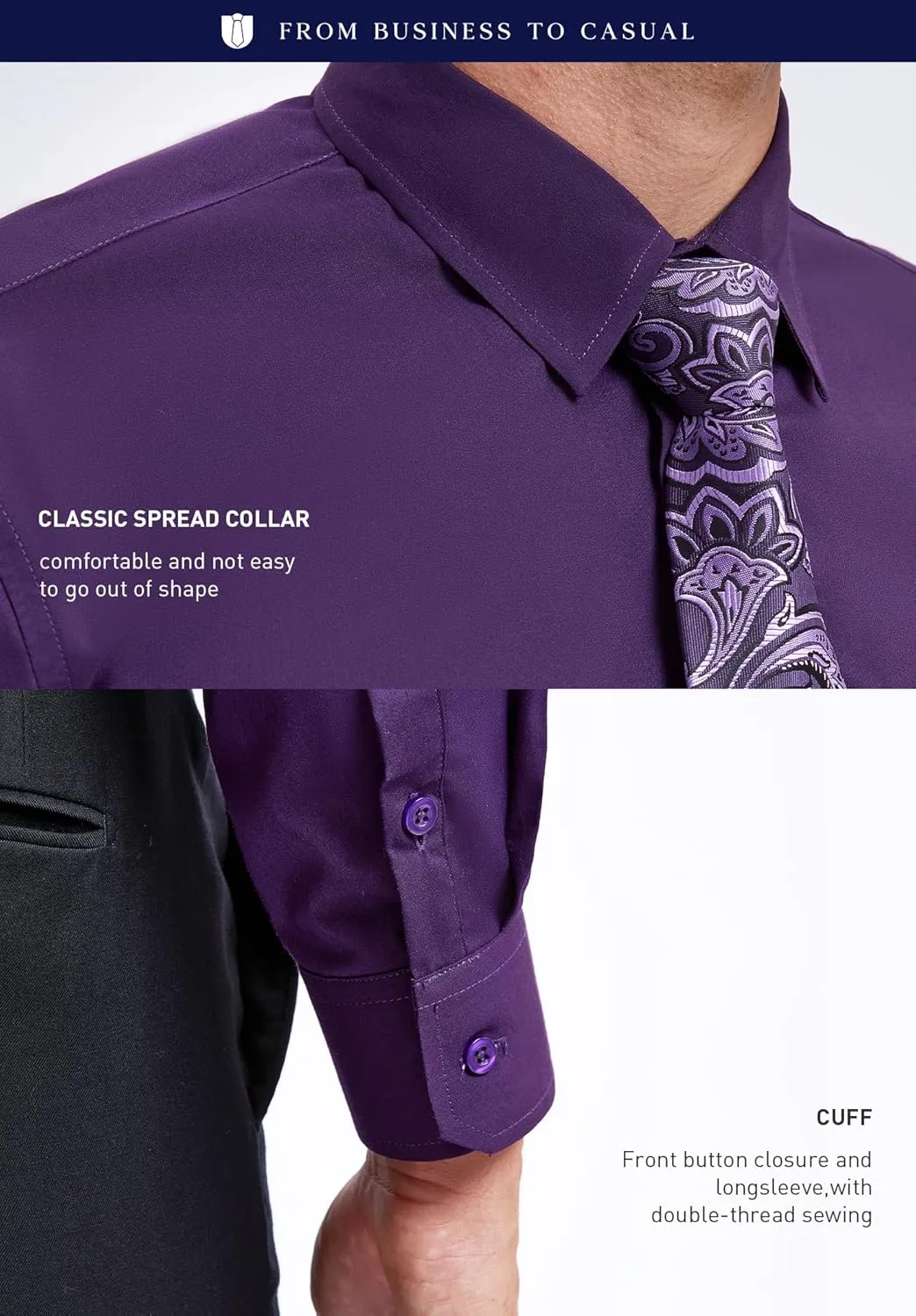 HISDERN Mens Dress Shirt with Tie Pocket Square Set Classic Button Down Shirt Matching Tie Long Sleeve Shirts