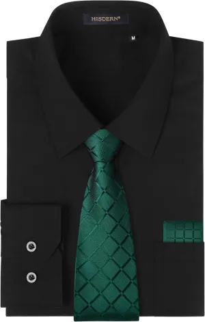 HISDERN Mens Dress Shirt with Tie Pocket Square Set Classic Button Down Shirt Matching Tie Long Sleeve Shirts