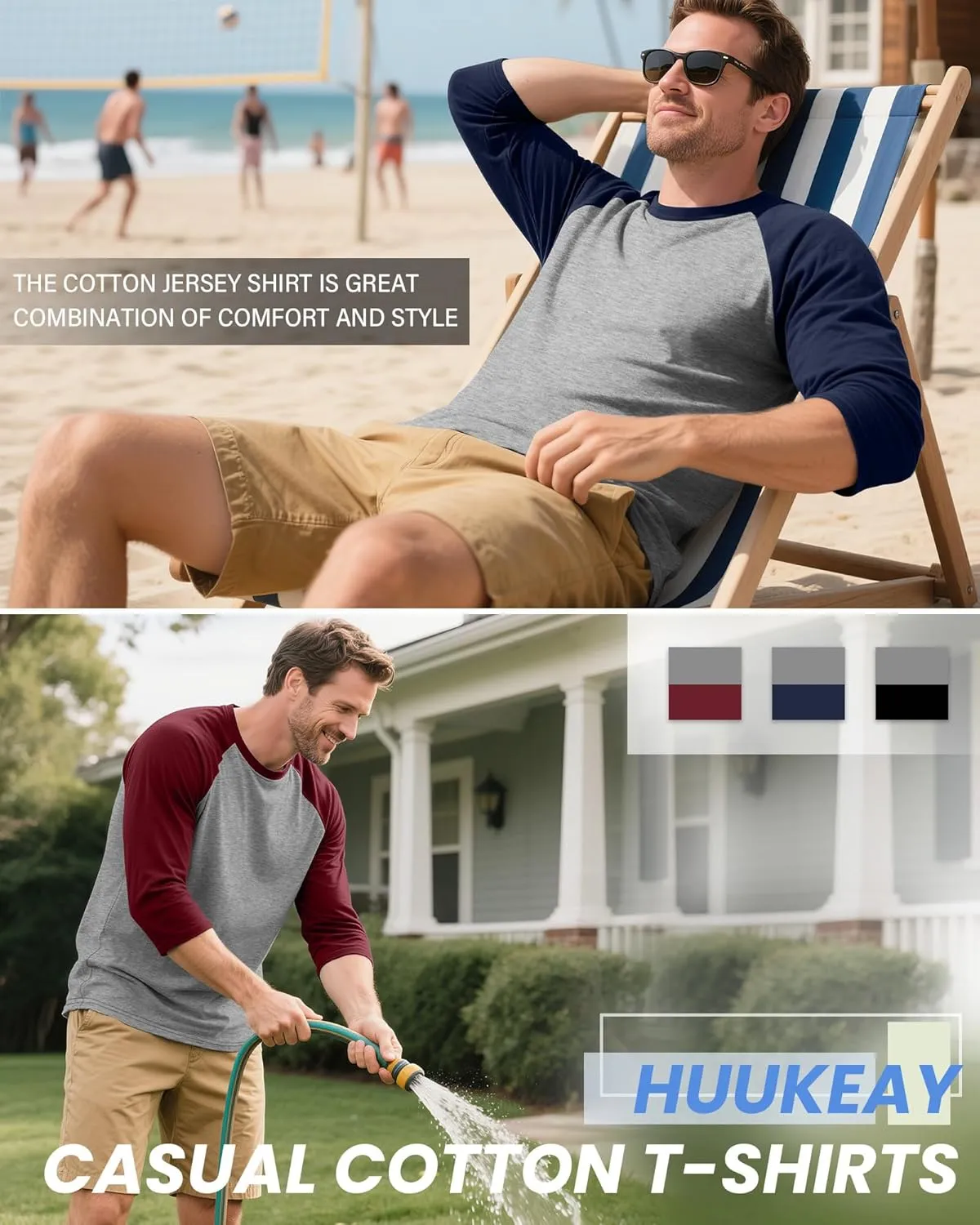 Huukeay 3 Pack Men's 3/4 Sleeve Shirts Cotton Crew Neck Baseball T Shirts Moisture Wicking Athletic Tee Tops