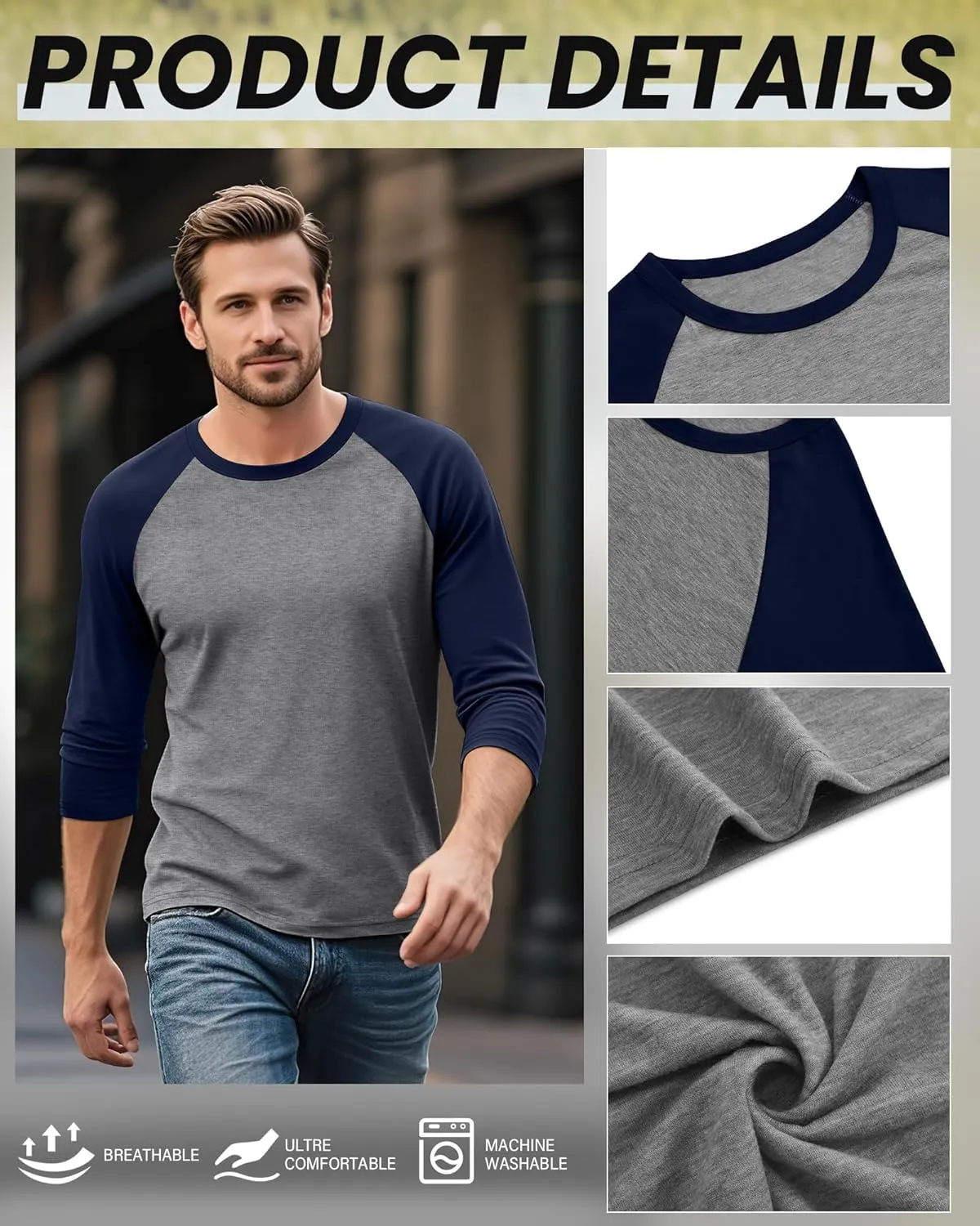 Huukeay 3 Pack Men's 3/4 Sleeve Shirts Cotton Crew Neck Baseball T Shirts Moisture Wicking Athletic Tee Tops