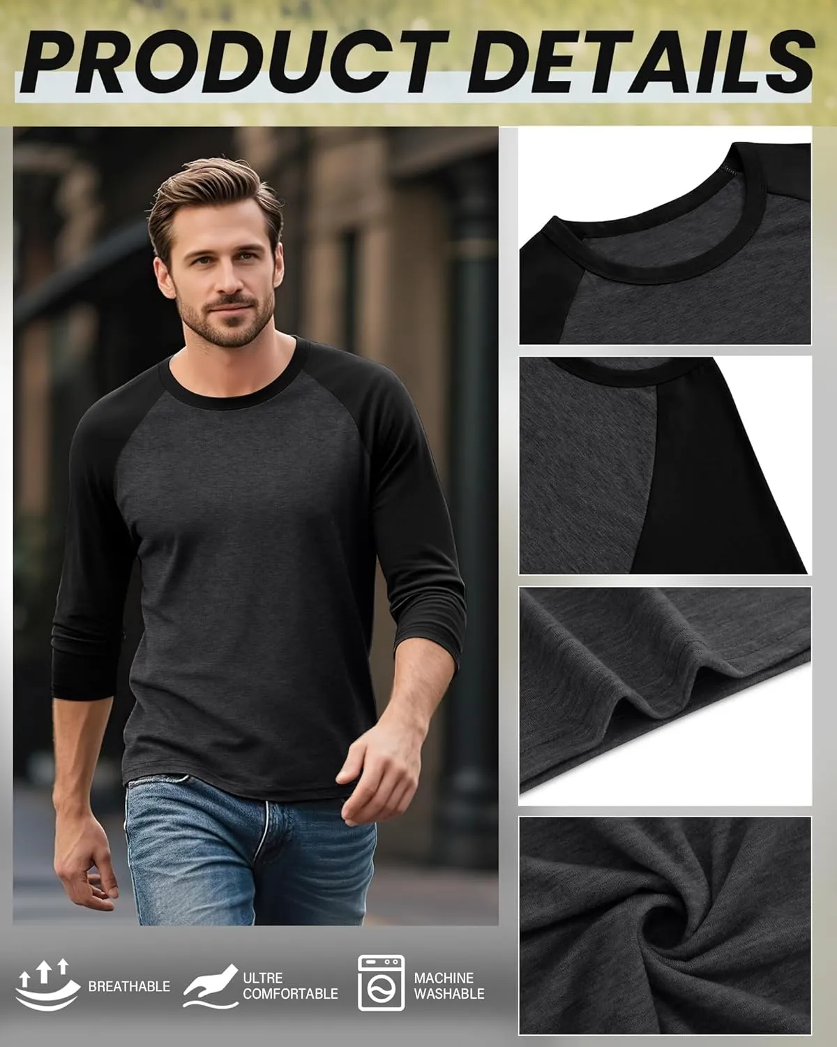 Huukeay 3 Pack Men's 3/4 Sleeve Shirts Cotton Crew Neck Baseball T Shirts Moisture Wicking Athletic Tee Tops
