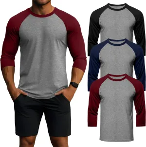 Huukeay 3 Pack Men's 3/4 Sleeve Shirts Cotton Crew Neck Baseball T Shirts Moisture Wicking Athletic Tee Tops