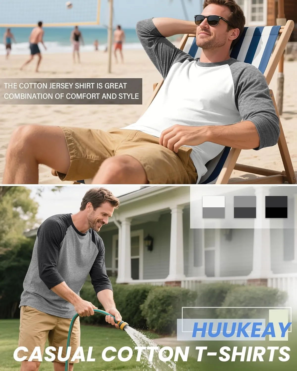 Huukeay 3 Pack Men's 3/4 Sleeve Shirts Cotton Crew Neck Baseball T Shirts Moisture Wicking Athletic Tee Tops