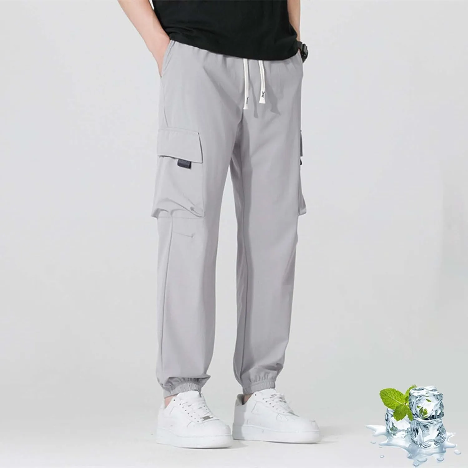 Ice Silk Cargo Pants for Men Active Breathable Cinch Bottom Sports Joggers Training Ultra Stretch Athletic Trousers