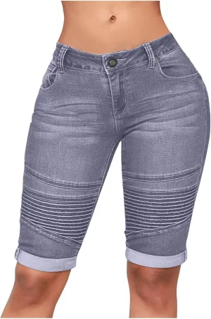 Jean Shorts Womens high Waisted Casual Comfy Stretchy Folded Hem Denim Shorts Pull On Bermuda Shorts 2024 Fashion