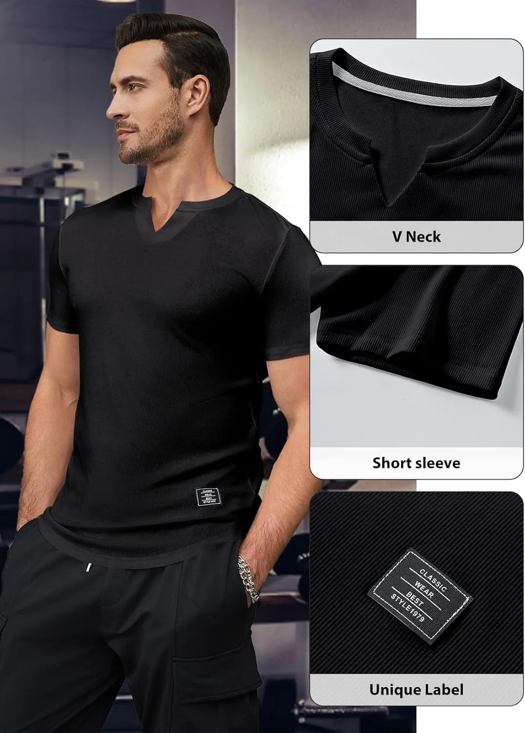 JMIERR Mens Muscle Slim T Shirt V-Neck Longline Henley Shirt Gym Workout Athletic Tee Shirts